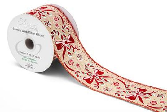 Eleganza Wired Edge Bow Candy Cane 63mm x 9.1m No.480 - Christmas Ribbon